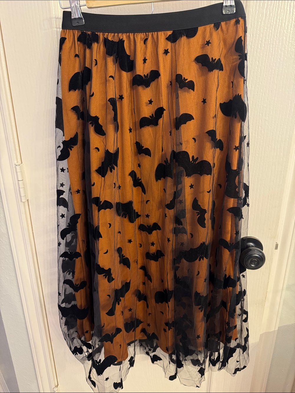 Chicwish Orange Maxi Skirt with Black Bat Tulle Overlay